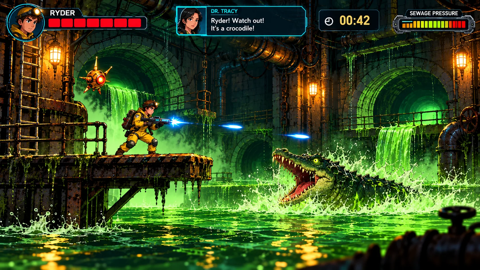 Preview artwork from Ryder: Lost Star of Atlantis — Ryder and S.K.I.P. confront a giant crocodile in the toxic sewers
